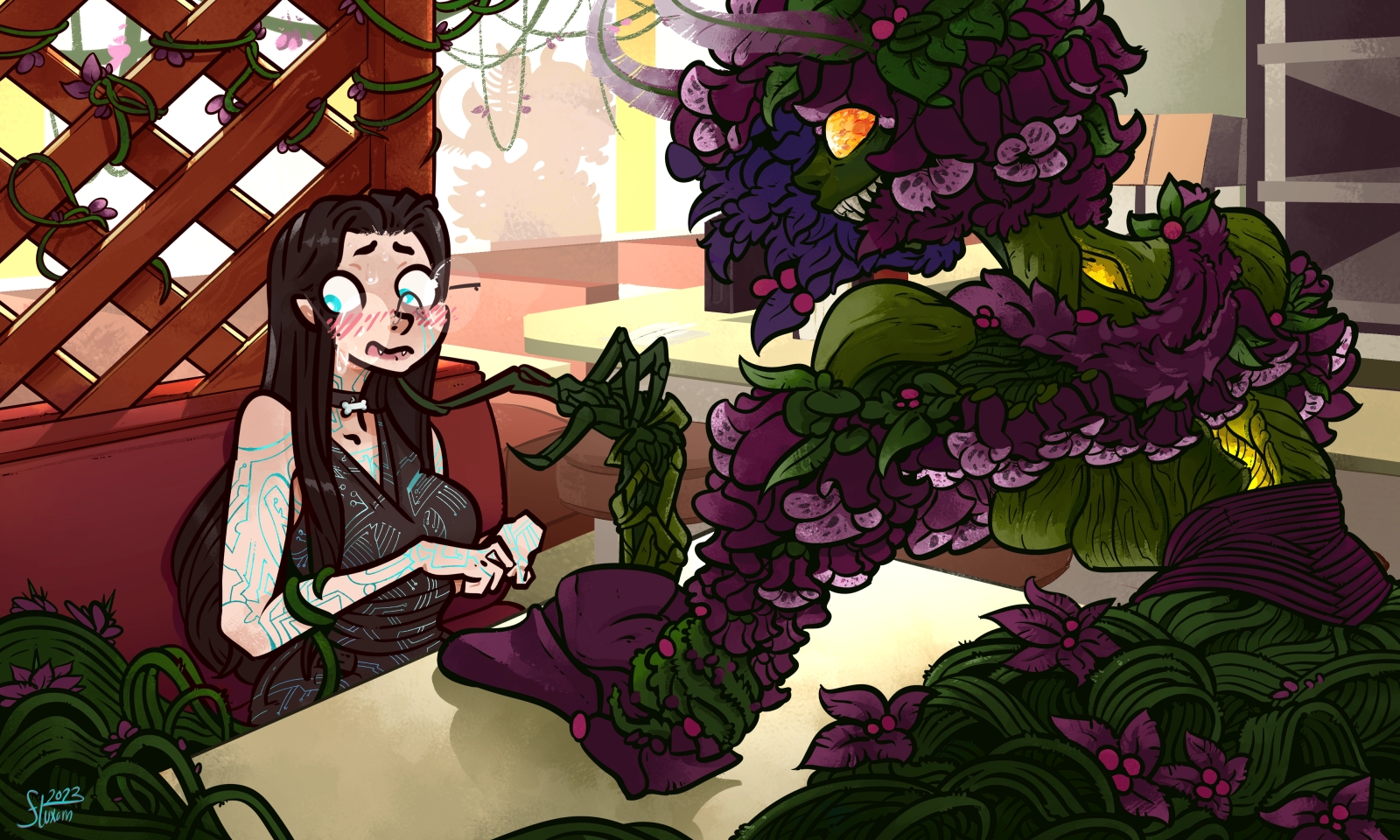 A picture of Aster from Wellness Check getting flustered while Digitalis (a tall plant woman) leans over the table with a domme predatory smile, her vines framing the bottom of the scene and coiling around aster's arm while she tilts Aster's head up with a long clawlike finger. Aster is wearing a black dress and has blue circuit tattoos on her exposed skin, along with fangs and a dog bone shaped tag on her collar